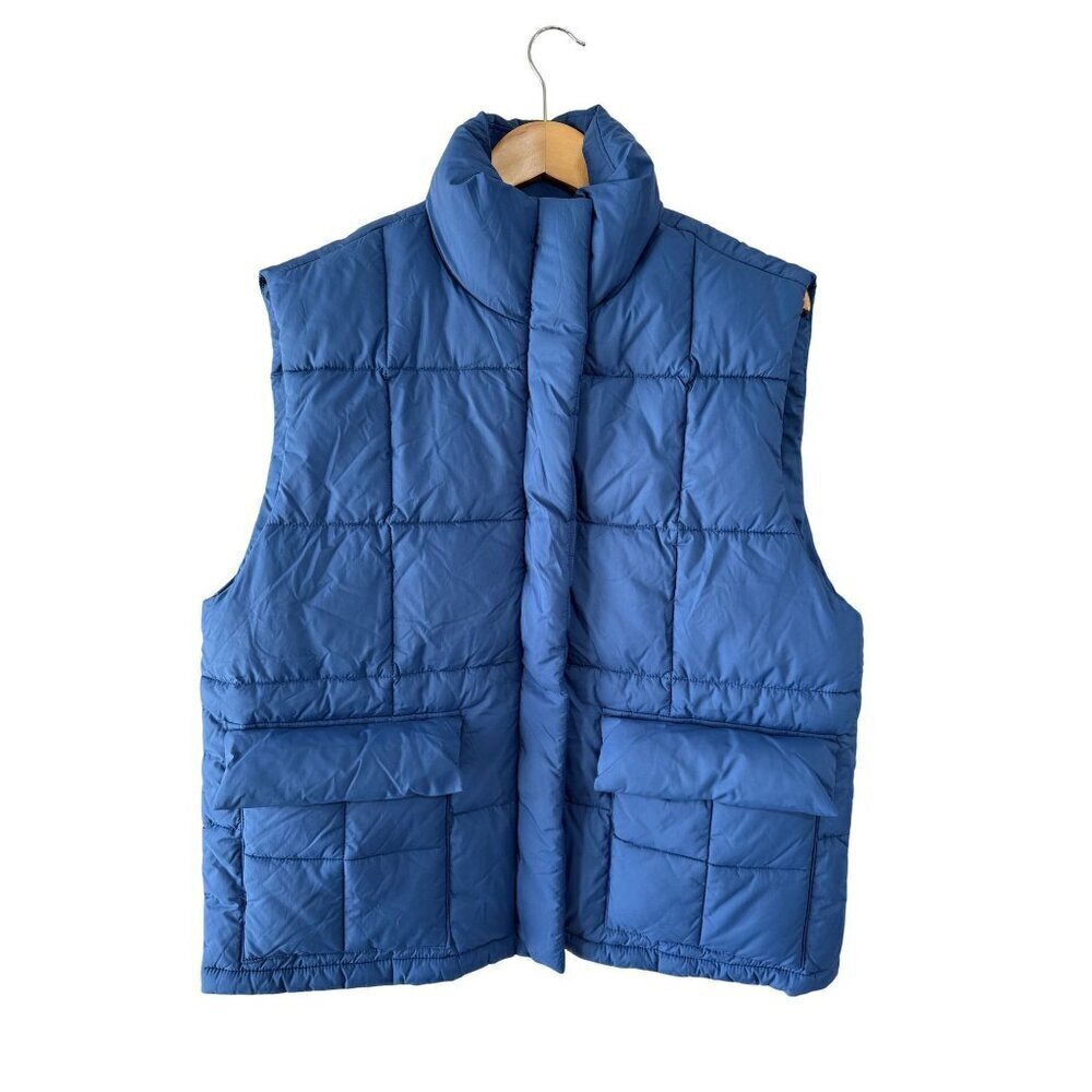 Beyond Yoga Puffer Vest Womenâs Size Small Blue Zip Front Pockets Oversize